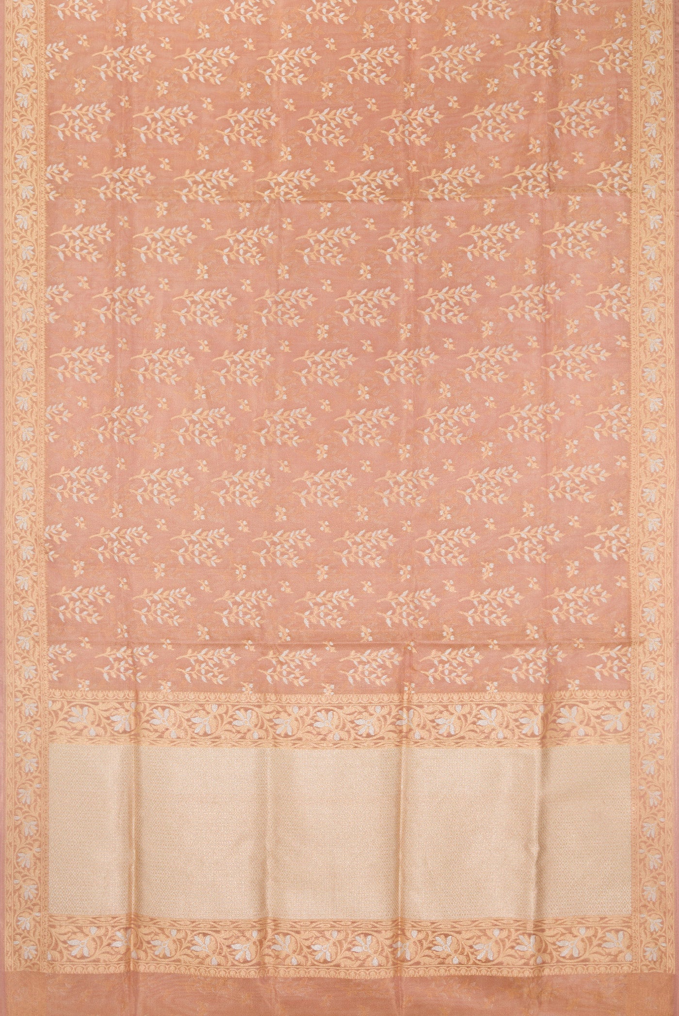 Flat view of Rose Gold Dual Tone Banarasi Silk Saree with Zari Brocade on the body and Fancy Border. 
