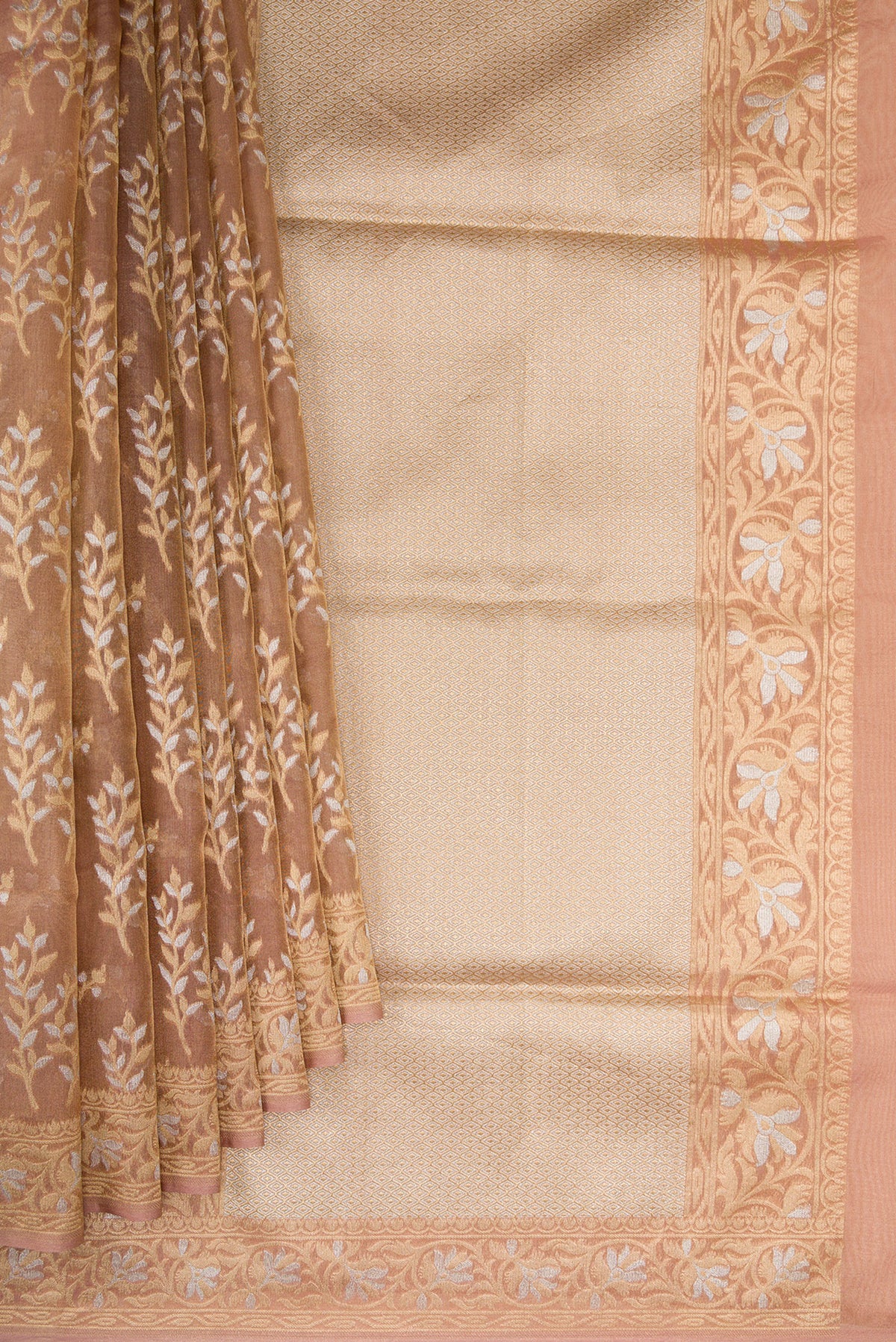 Pleats and pallu of Rose Gold Dual Tone Banarasi Silk Saree with Zari Brocade on the body and Fancy Border. 