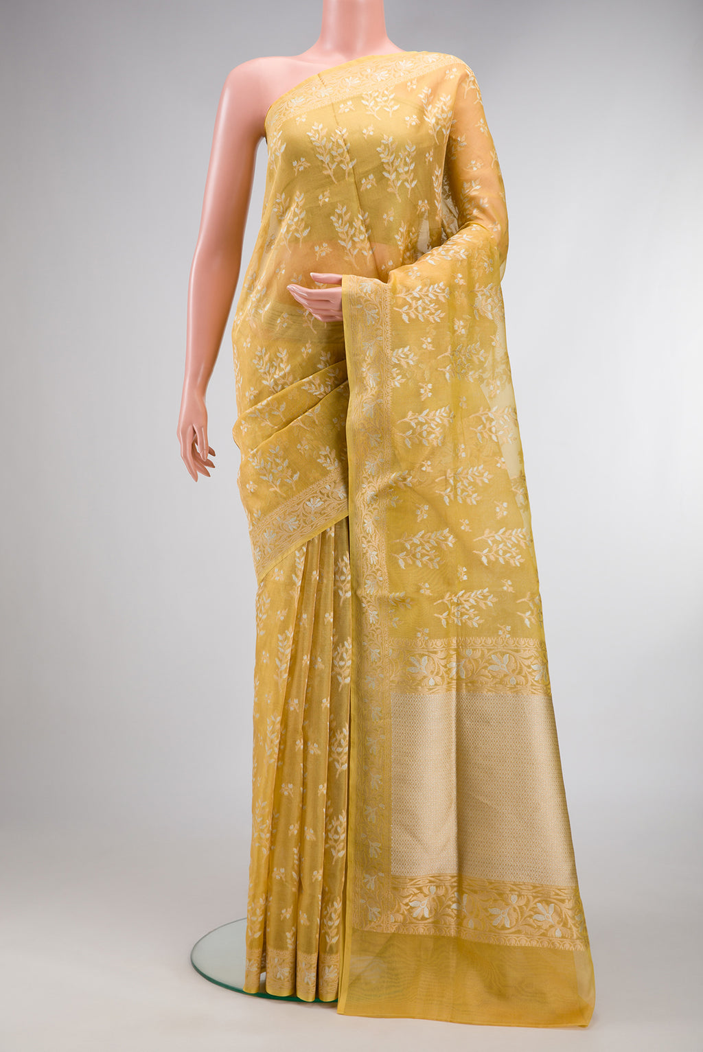 Yellow Dual Tone Banarasi Kota Silk Saree with Zari Brocade on the body and Zari Border.  displayed on a mannequin