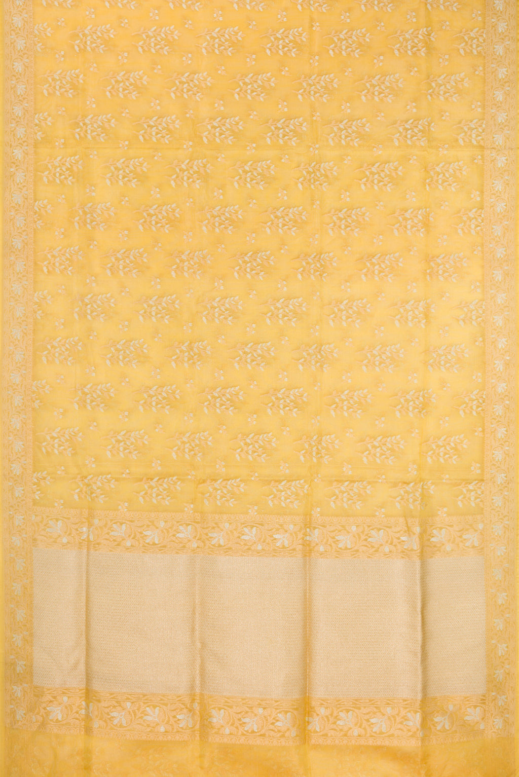 Flat view of Yellow Dual Tone Banarasi Kota Silk Saree with Zari Brocade on the body and Zari Border. 