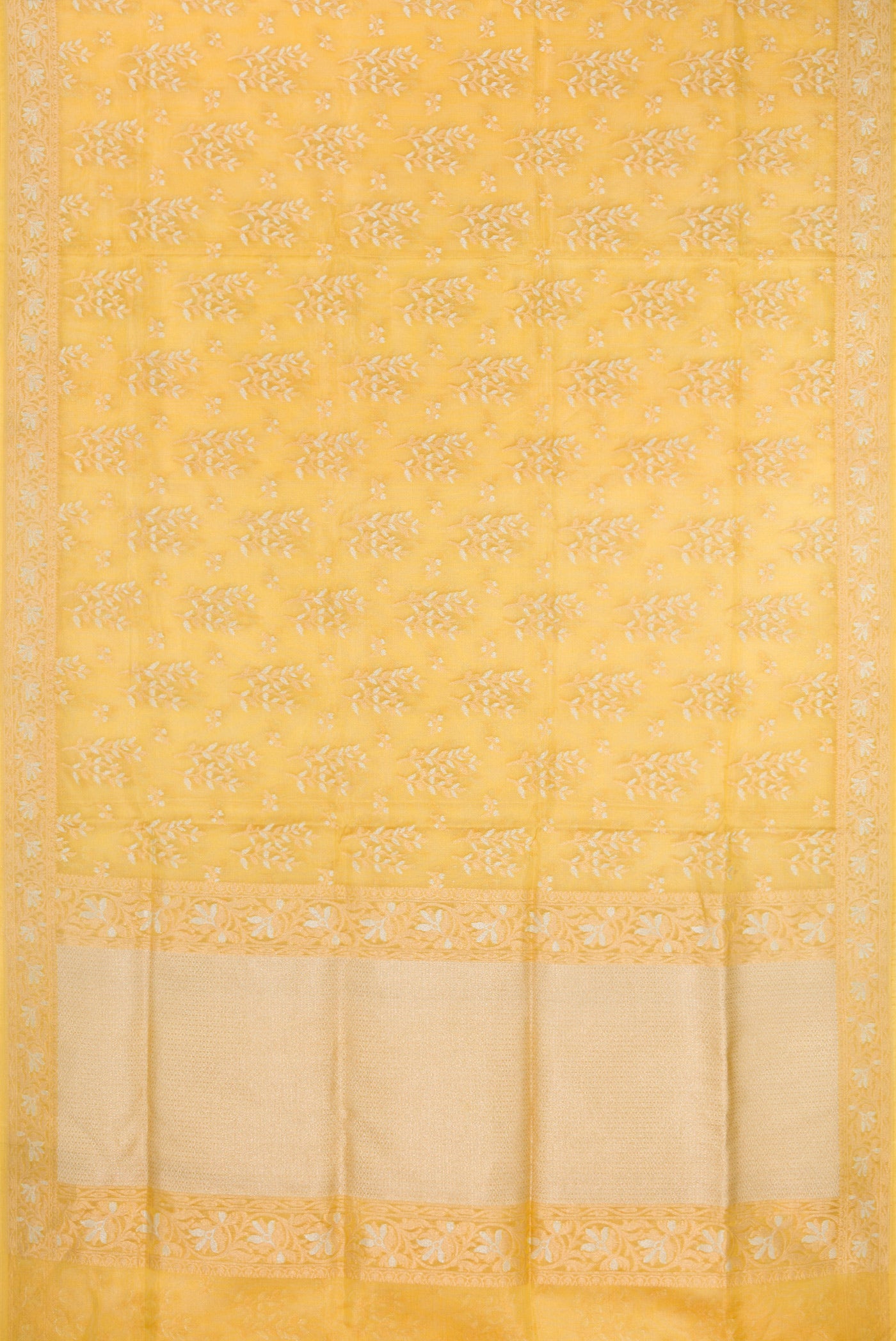 Flat view of Yellow Dual Tone Banarasi Kota Silk Saree with Zari Brocade on the body and Zari Border. 