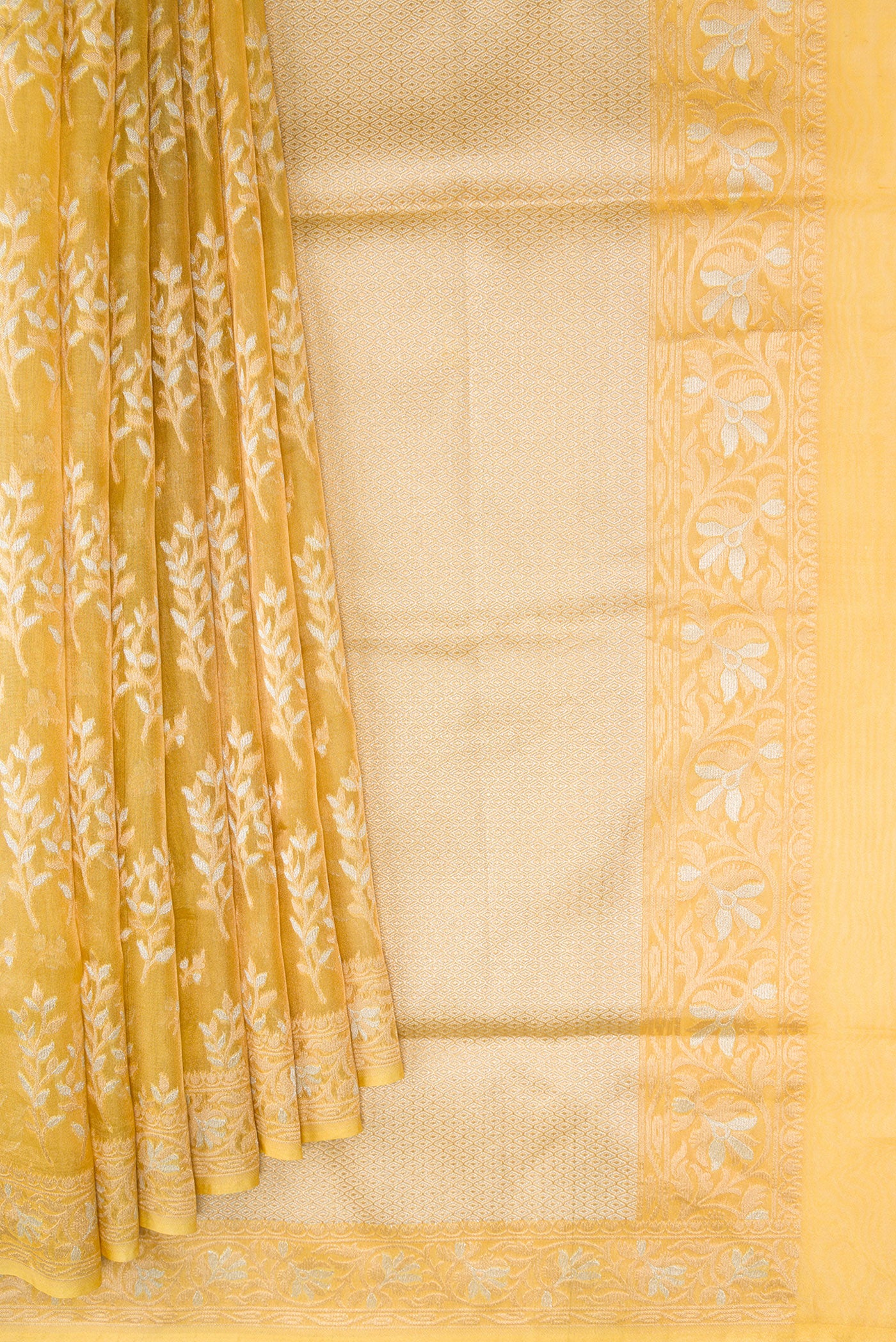 Pleats and pallu of Yellow Dual Tone Banarasi Kota Silk Saree with Zari Brocade on the body and Zari Border. 