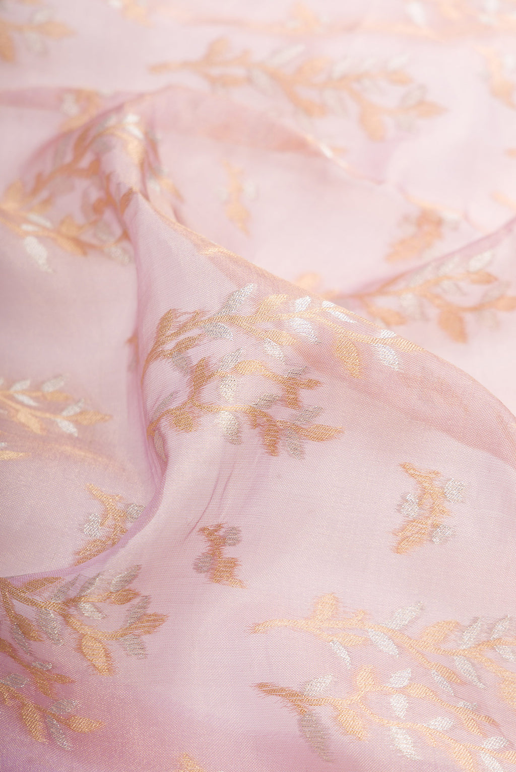 Close up of Lavender Dual Tone Banarasi Silk Saree with Zari Brocade on the body and Fancy Border.  displaying folds