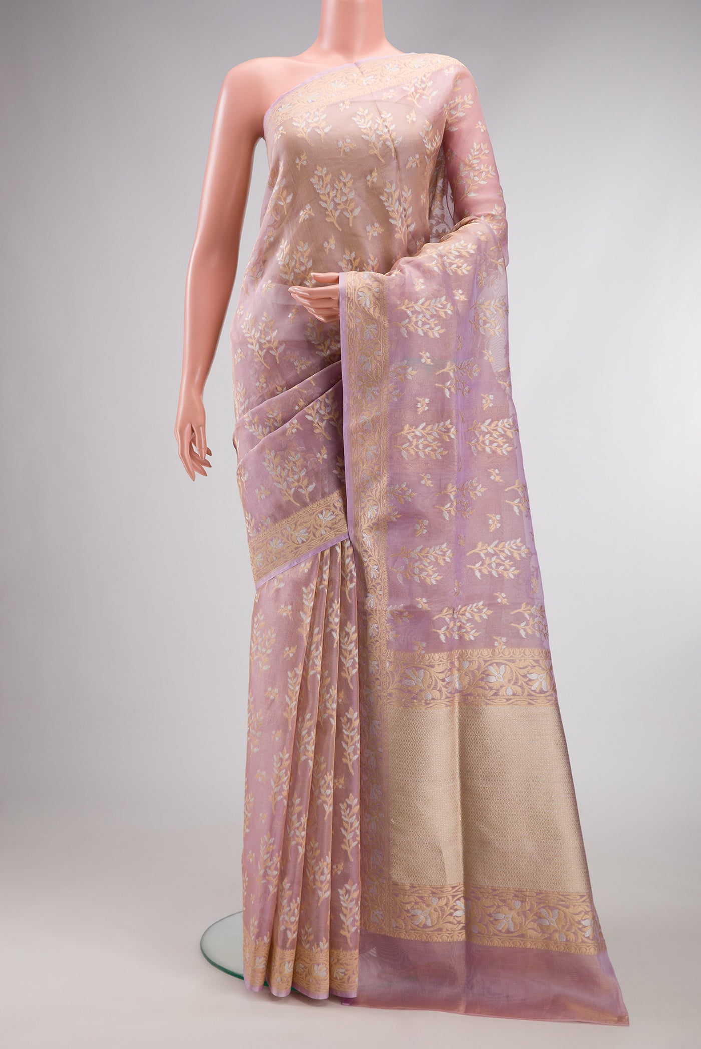 Lavender Dual Tone Banarasi Silk Saree with Zari Brocade on the body and Fancy Border.  displayed on a mannequin