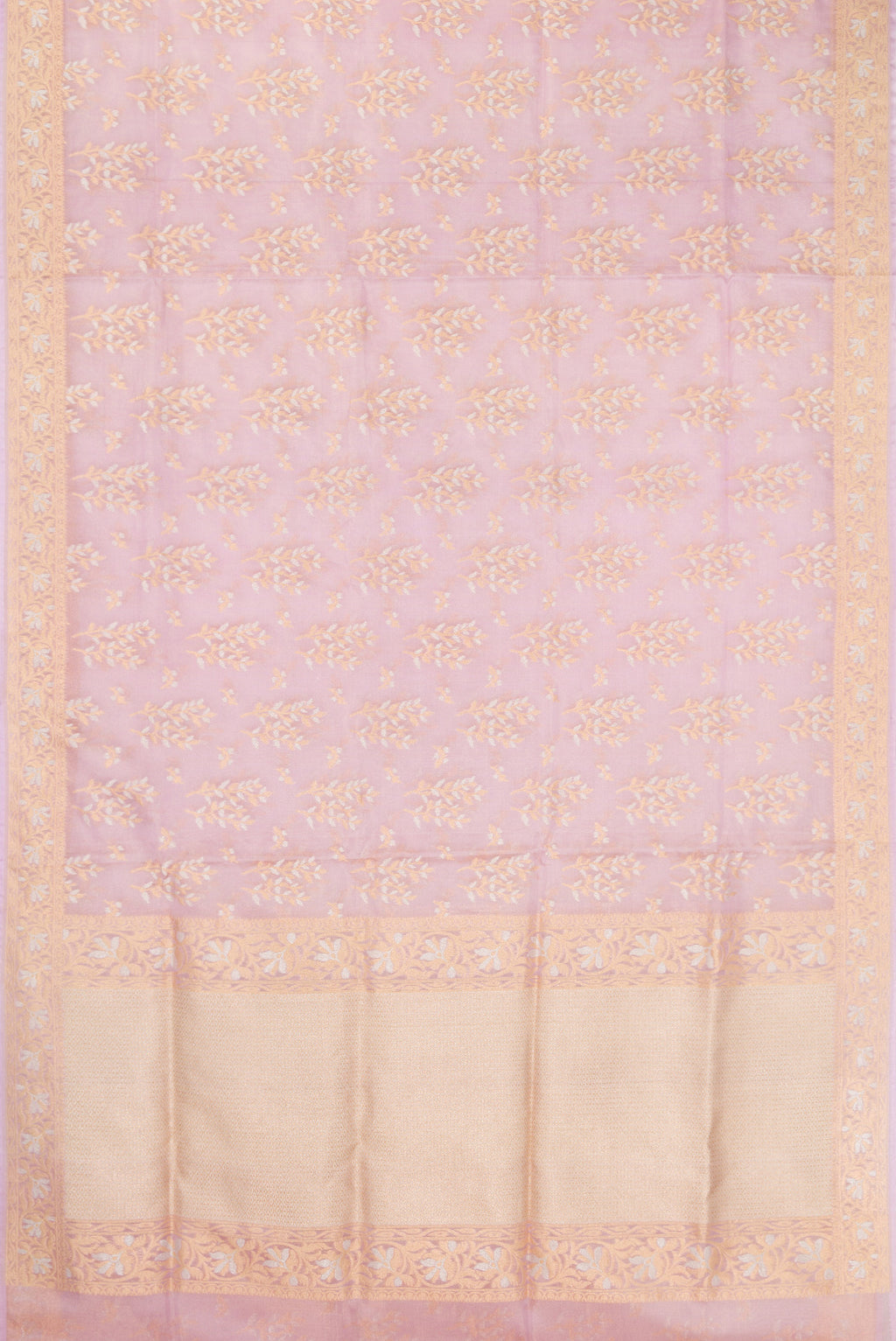 Flat view of Lavender Dual Tone Banarasi Silk Saree with Zari Brocade on the body and Fancy Border. 