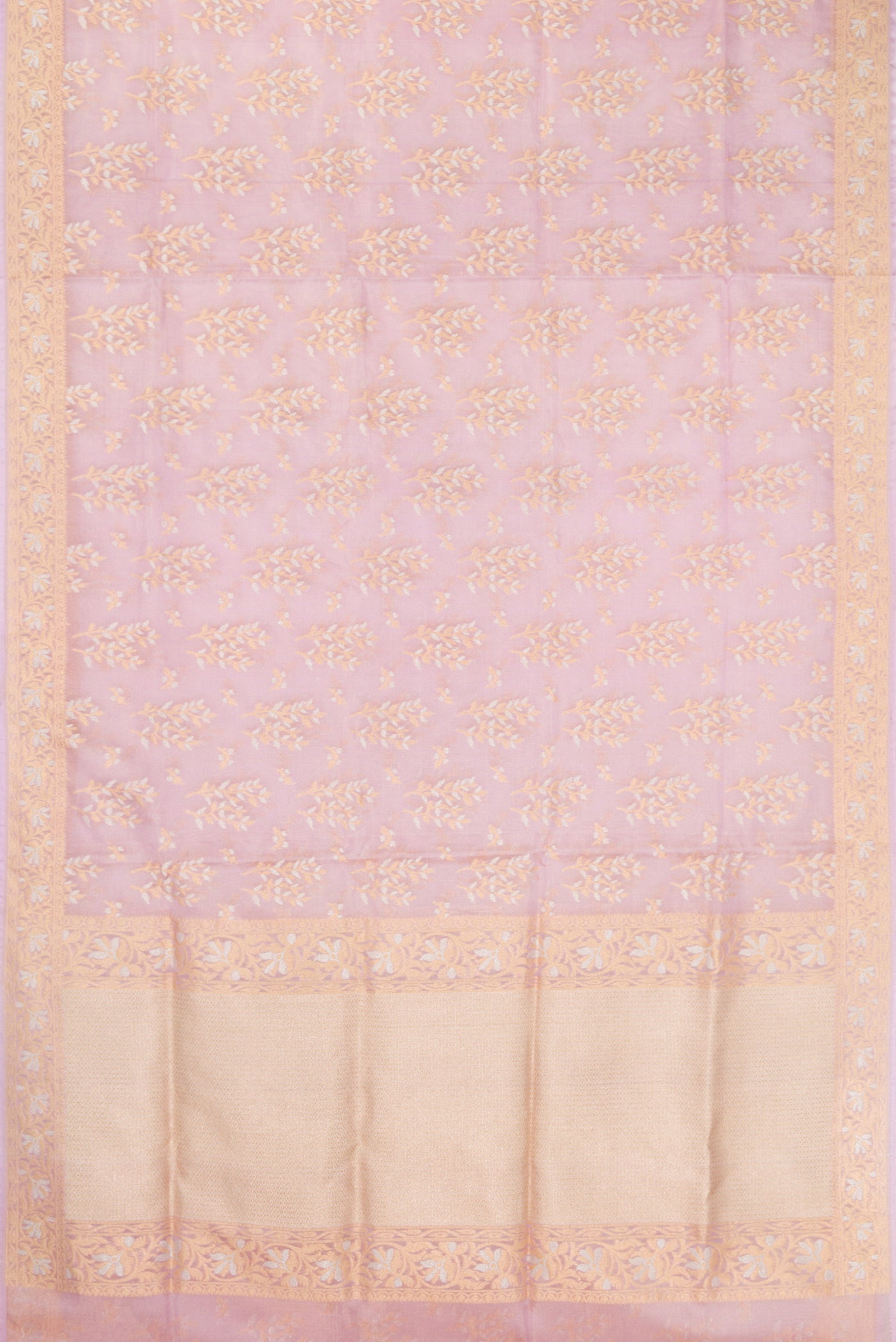 Flat view of Lavender Dual Tone Banarasi Silk Saree with Zari Brocade on the body and Fancy Border. 