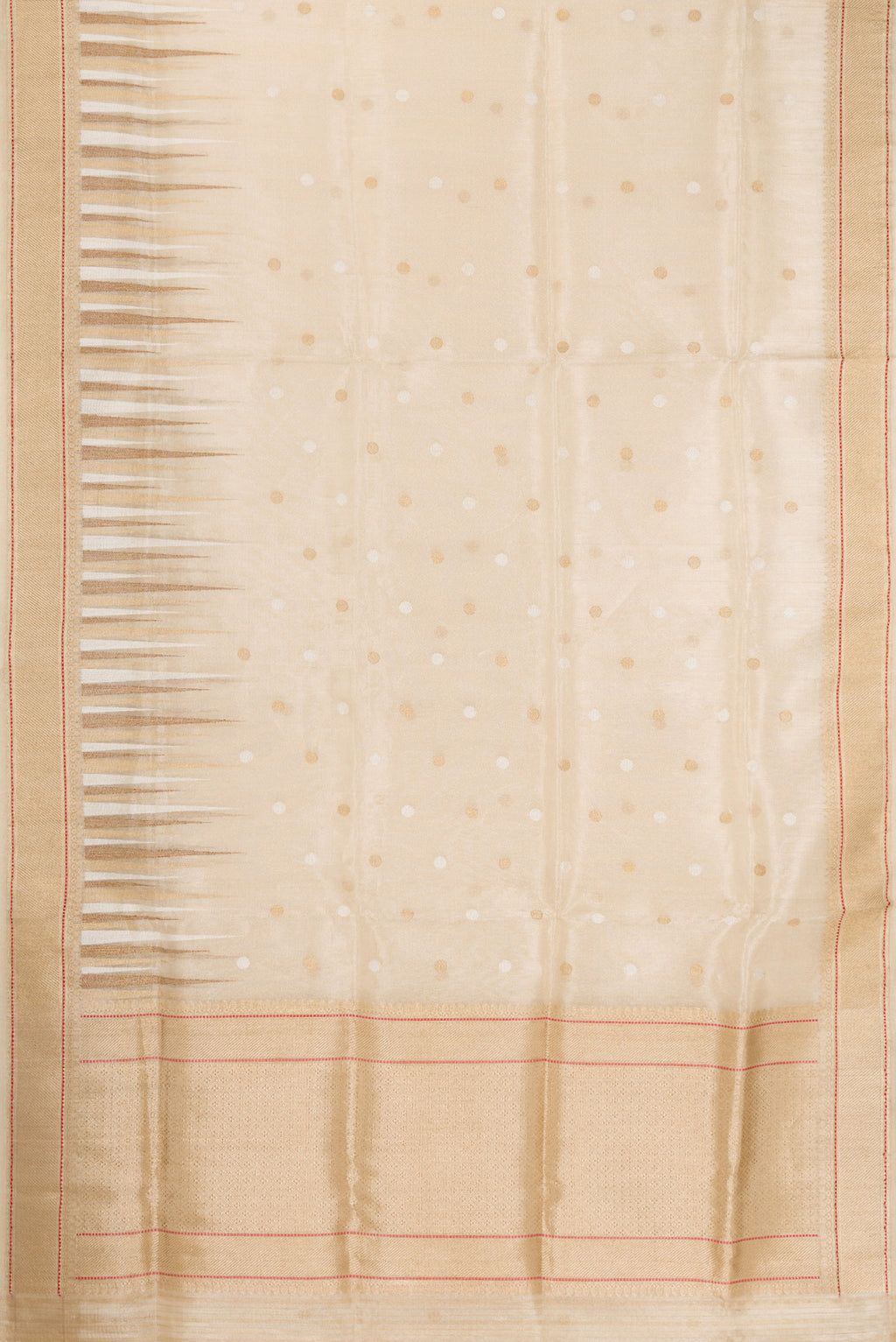 Flat view of Cream Dual Tone Banarasi Silk Saree with Zari Brocade on the body and Zari Border. 