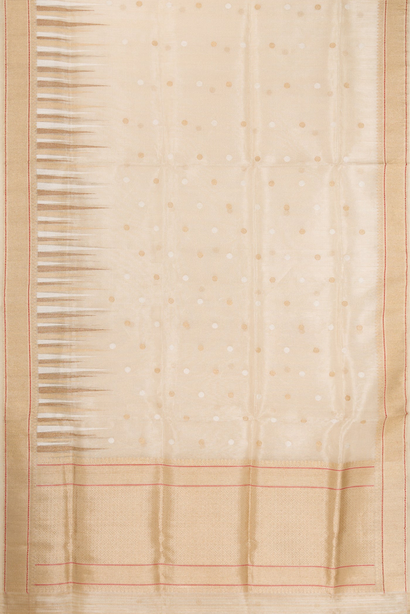 Flat view of Cream Dual Tone Banarasi Silk Saree with Zari Brocade on the body and Zari Border. 