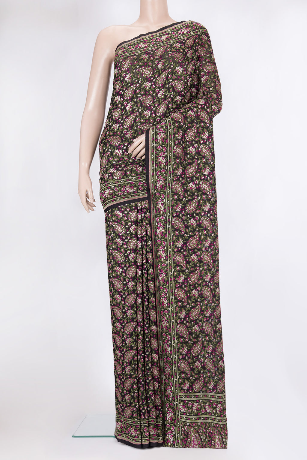 Black Banarasi Georgette Saree with Thread Brocade on the body and Thread Border.  displayed on a mannequin