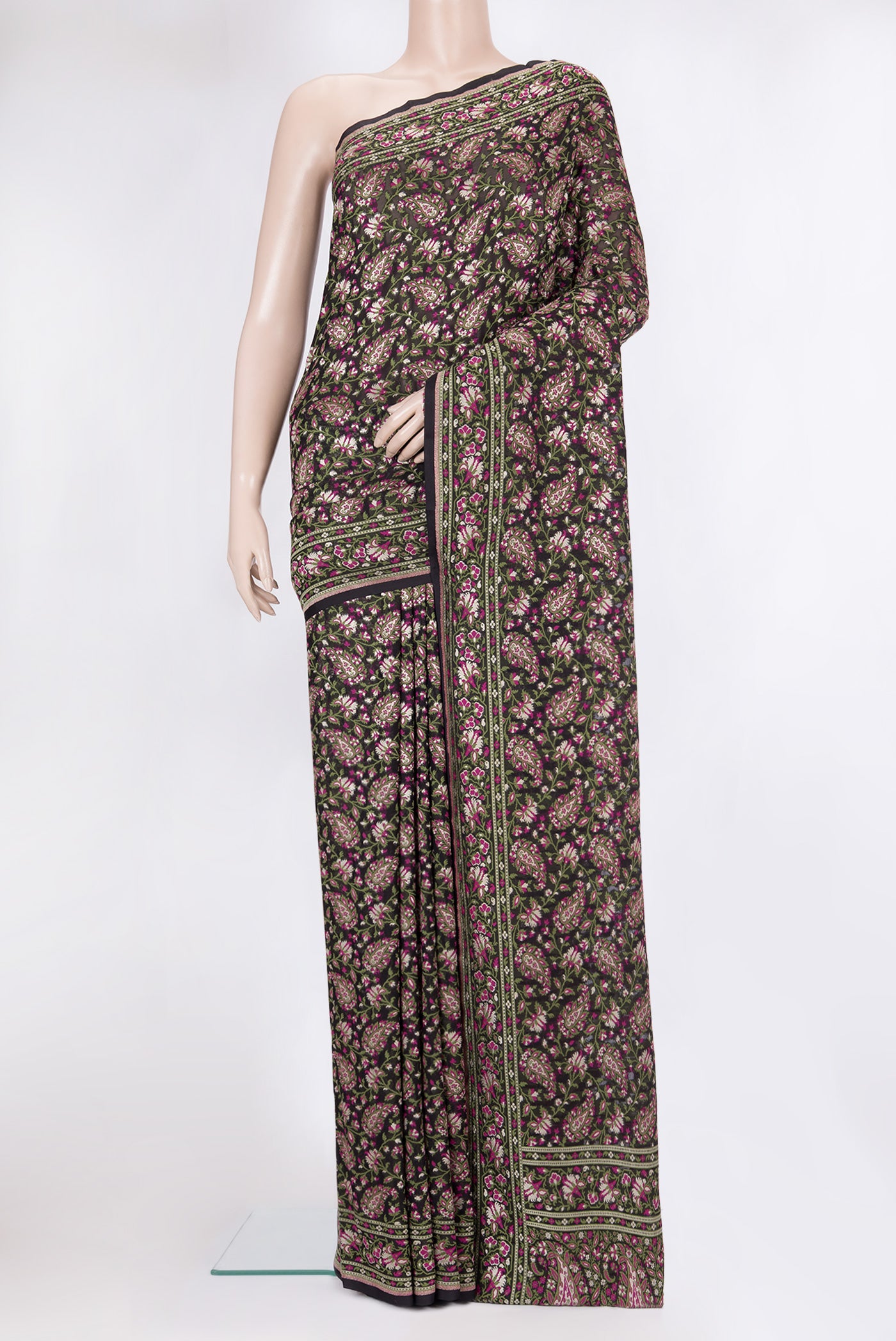 Black Banarasi Georgette Saree with Thread Brocade on the body and Thread Border.  displayed on a mannequin