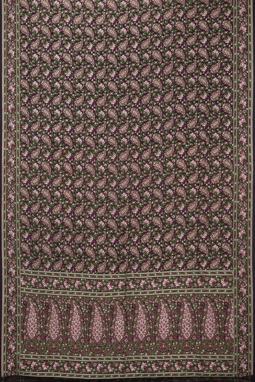 Flat view of Black Banarasi Georgette Saree with Thread Brocade on the body and Thread Border. 