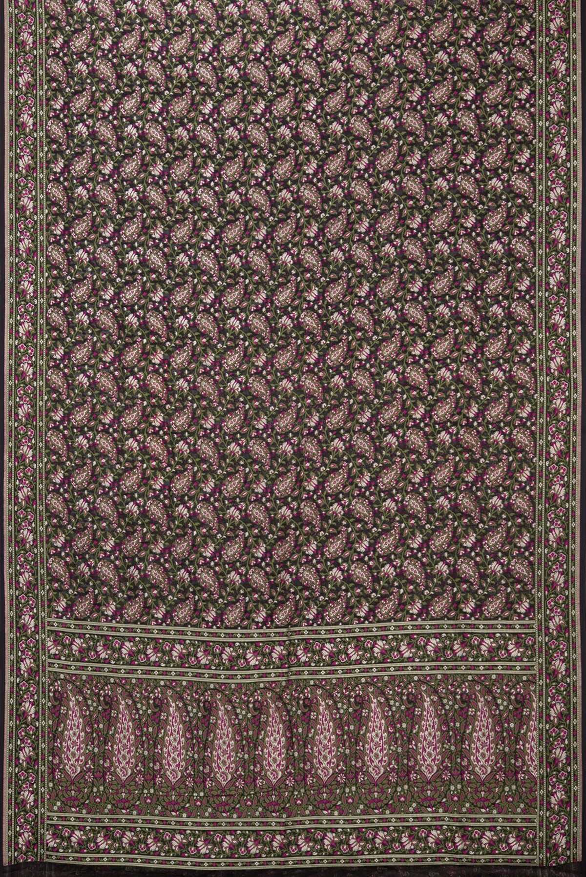 Flat view of Black Banarasi Georgette Saree with Thread Brocade on the body and Thread Border. 