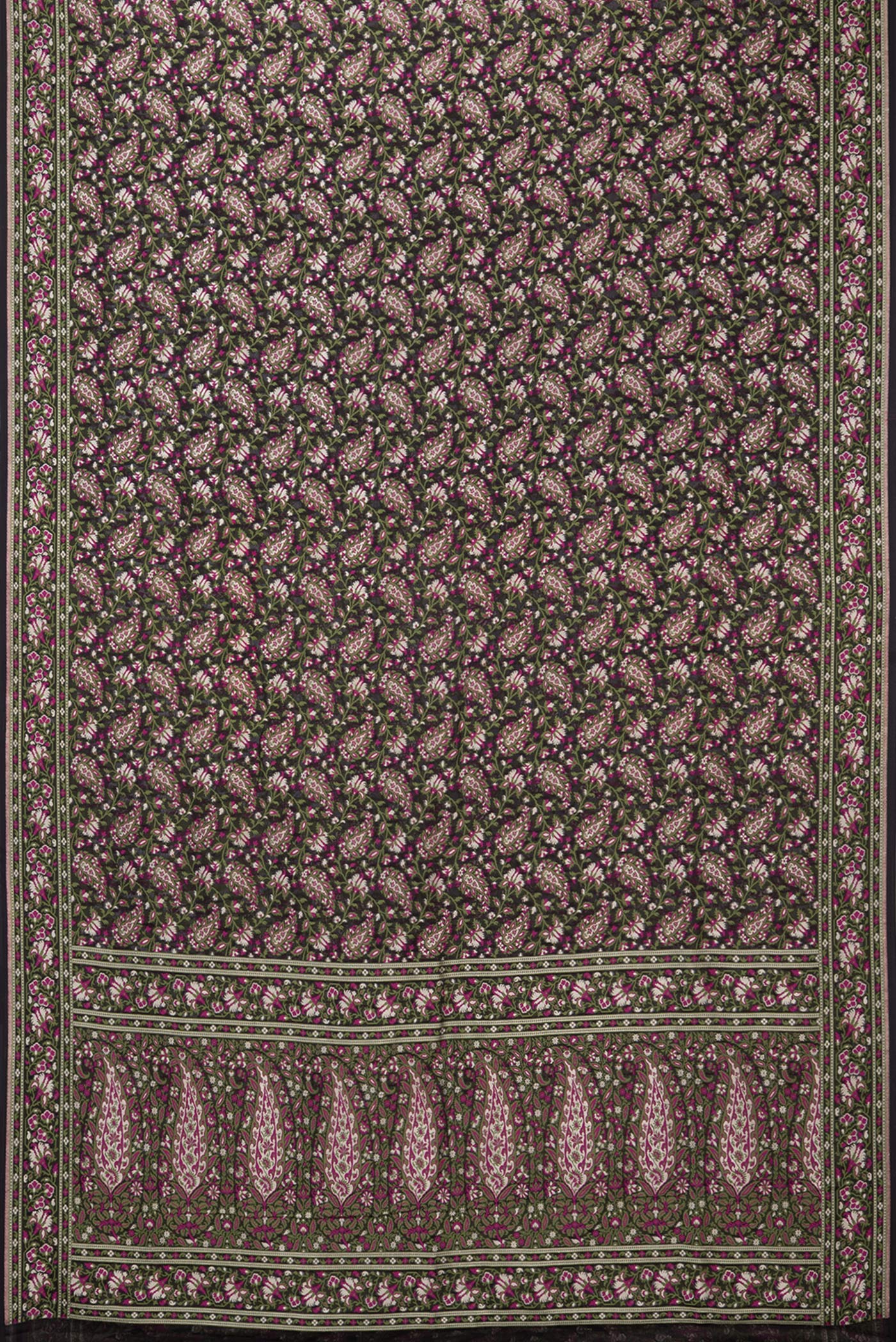 Flat view of Black Banarasi Georgette Saree with Thread Brocade on the body and Thread Border. 