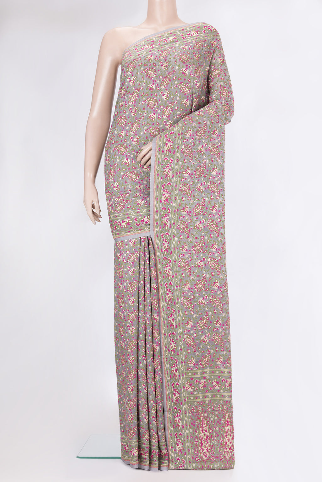Grey Banarasi Georgette Saree with Thread Brocade on the body and Thread Border.  displayed on a mannequin