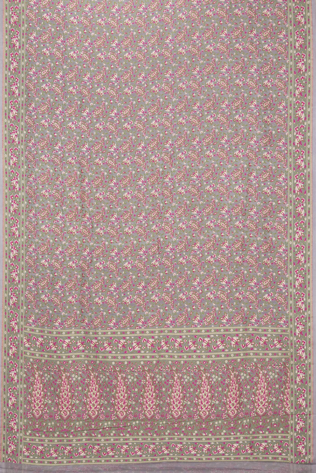 Flat view of Grey Banarasi Georgette Saree with Thread Brocade on the body and Thread Border. 