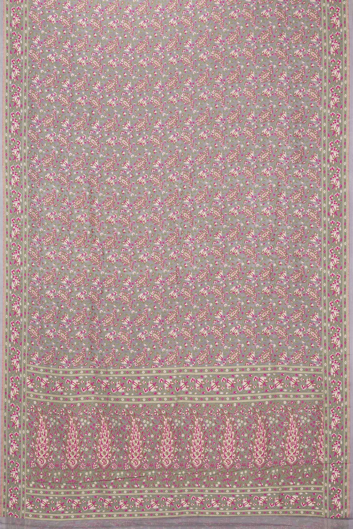 Flat view of Grey Banarasi Georgette Saree with Thread Brocade on the body and Thread Border. 