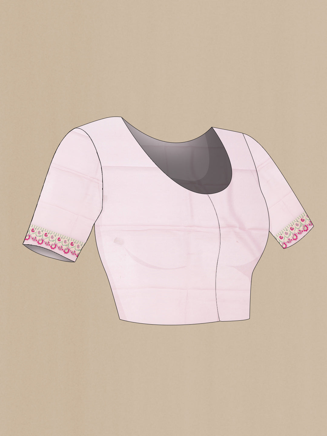 Close up image of the blouse of Lilac Banarasi Georgette Saree with Zari Butta on the body and Fancy Border. 