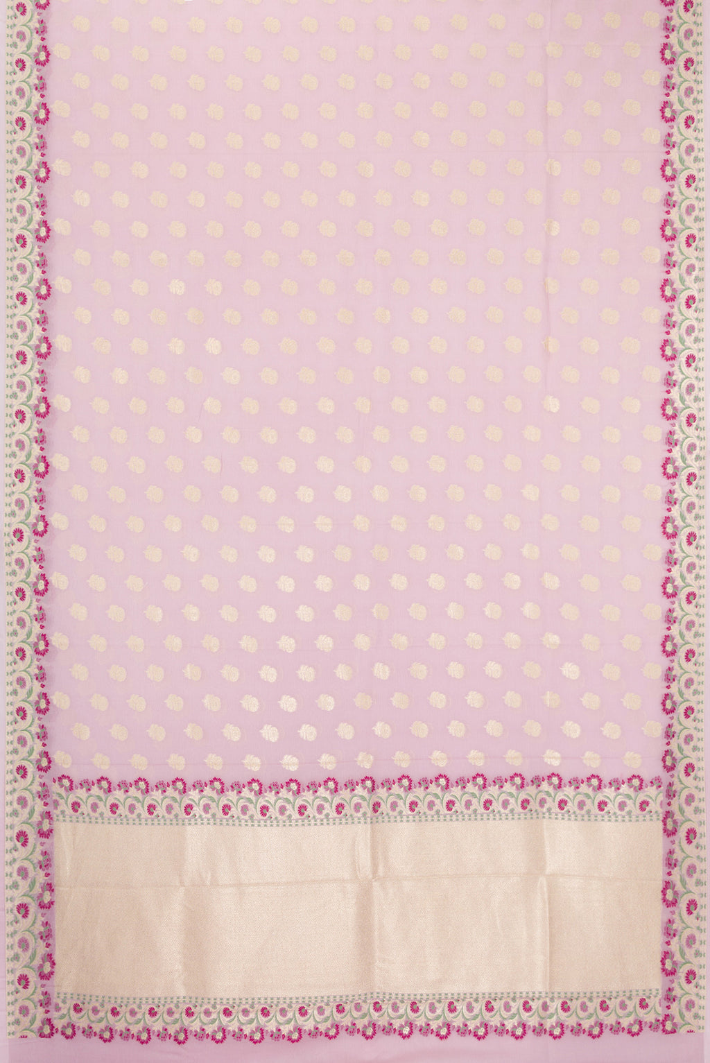 Flat view of Lilac Banarasi Georgette Saree with Zari Butta on the body and Fancy Border. 