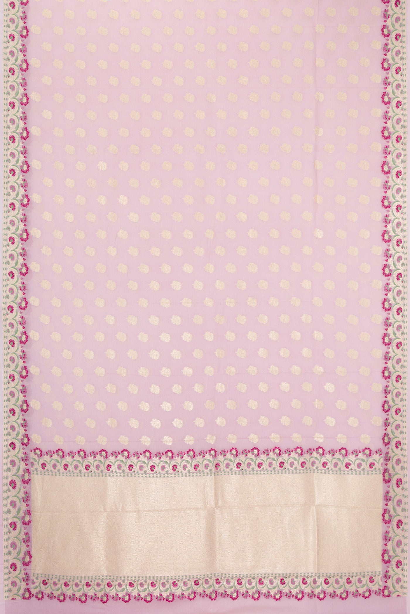 Flat view of Lilac Banarasi Georgette Saree with Zari Butta on the body and Fancy Border. 
