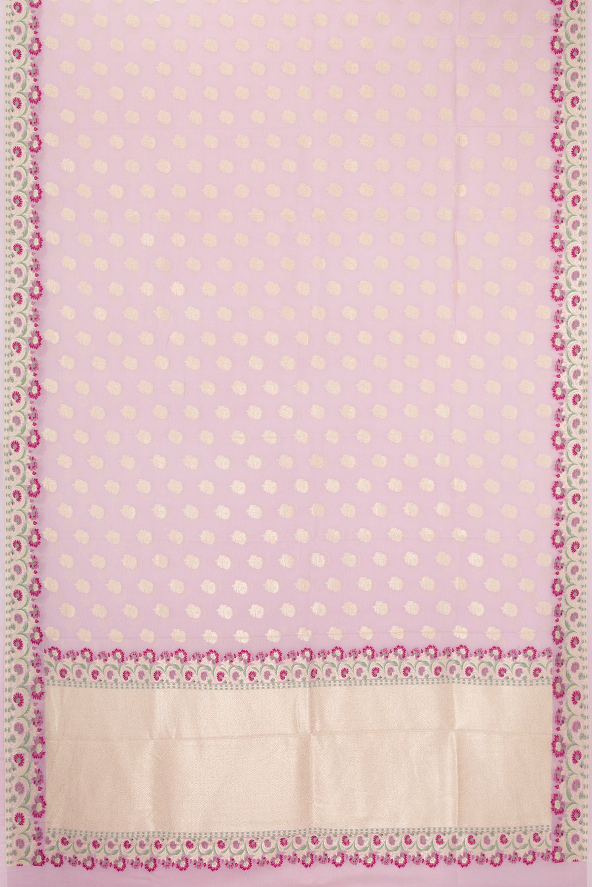 Flat view of Lilac Banarasi Georgette Saree with Zari Butta on the body and Fancy Border. 