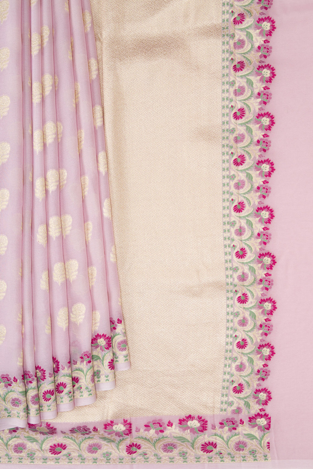 Pleats and pallu of Lilac Banarasi Georgette Saree with Zari Butta on the body and Fancy Border. 