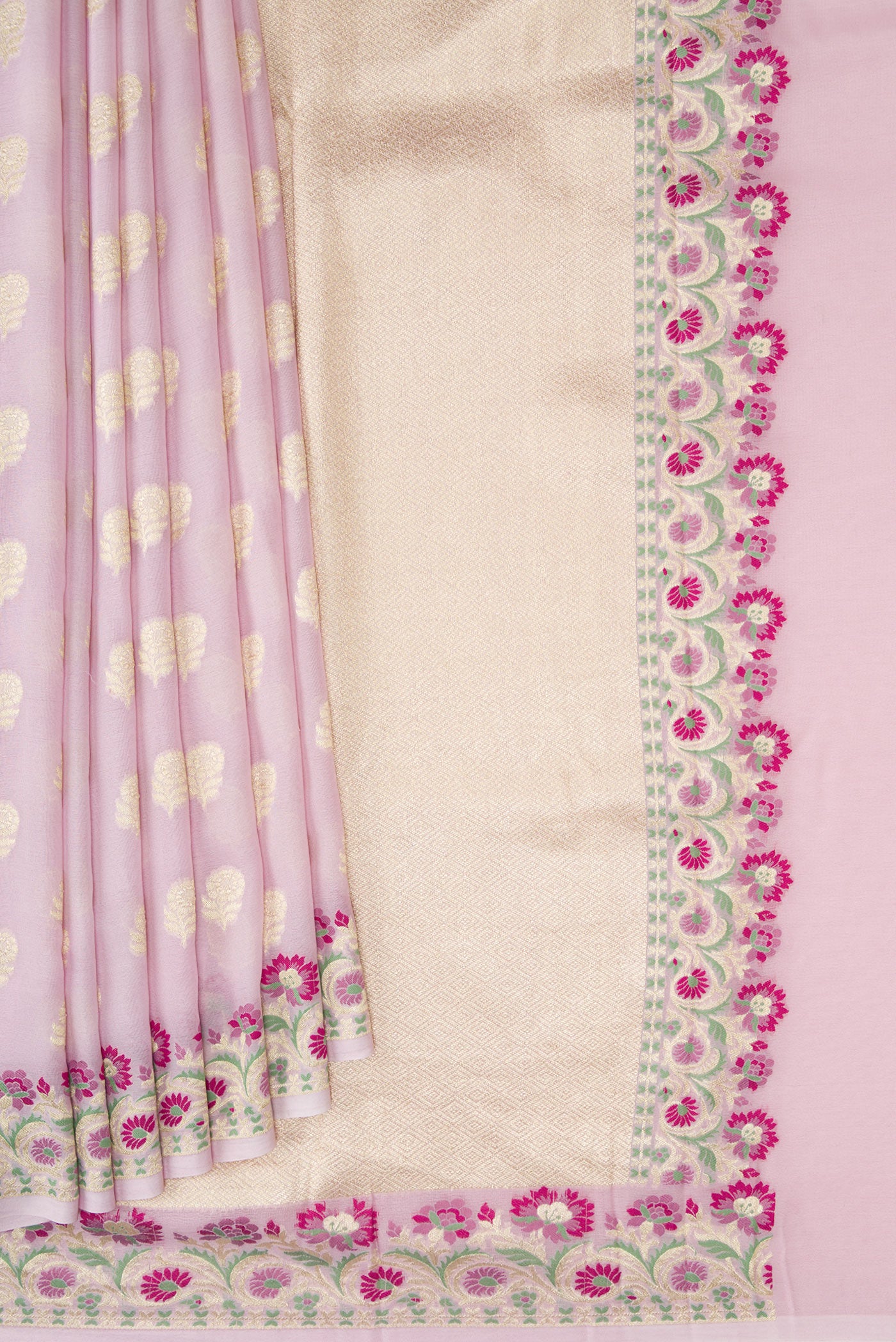 Pleats and pallu of Lilac Banarasi Georgette Saree with Zari Butta on the body and Fancy Border. 