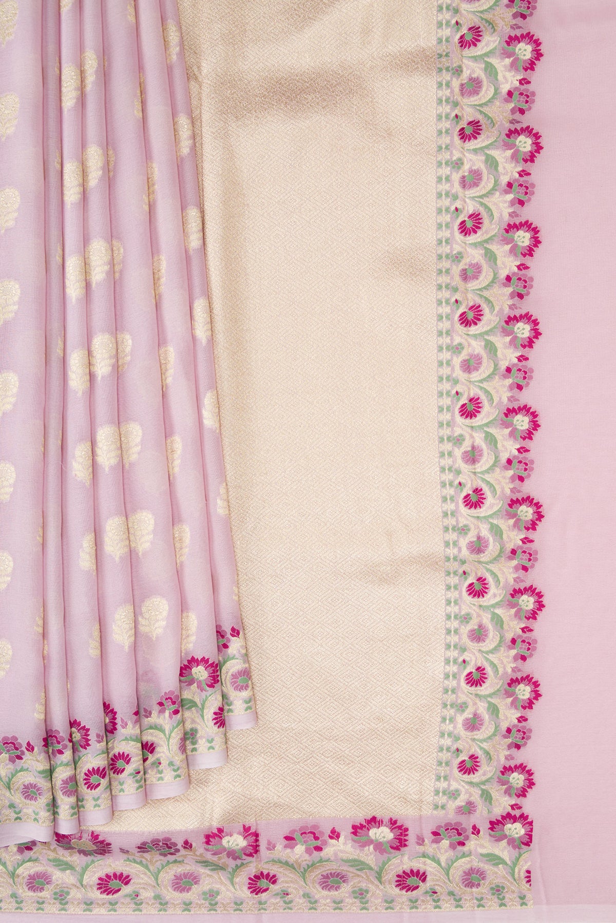 Pleats and pallu of Lilac Banarasi Georgette Saree with Zari Butta on the body and Fancy Border. 