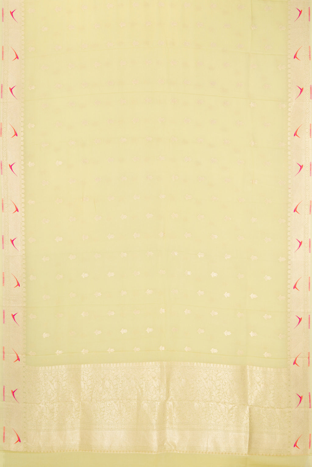 Flat view of Pista Green Banarasi Georgette Saree with Zari Butta on the body and Fancy Border. 