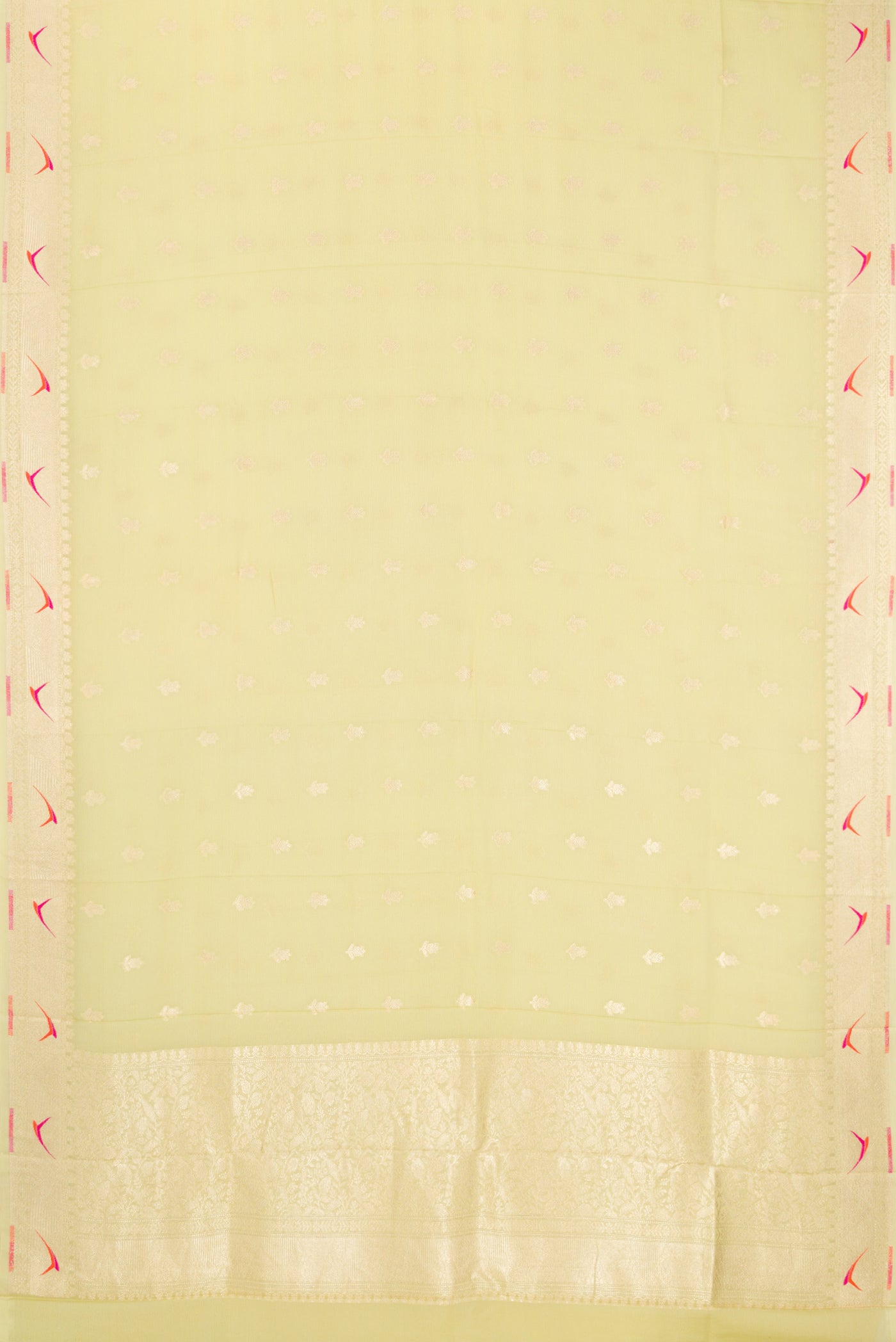 Flat view of Pista Green Banarasi Georgette Saree with Zari Butta on the body and Fancy Border. 