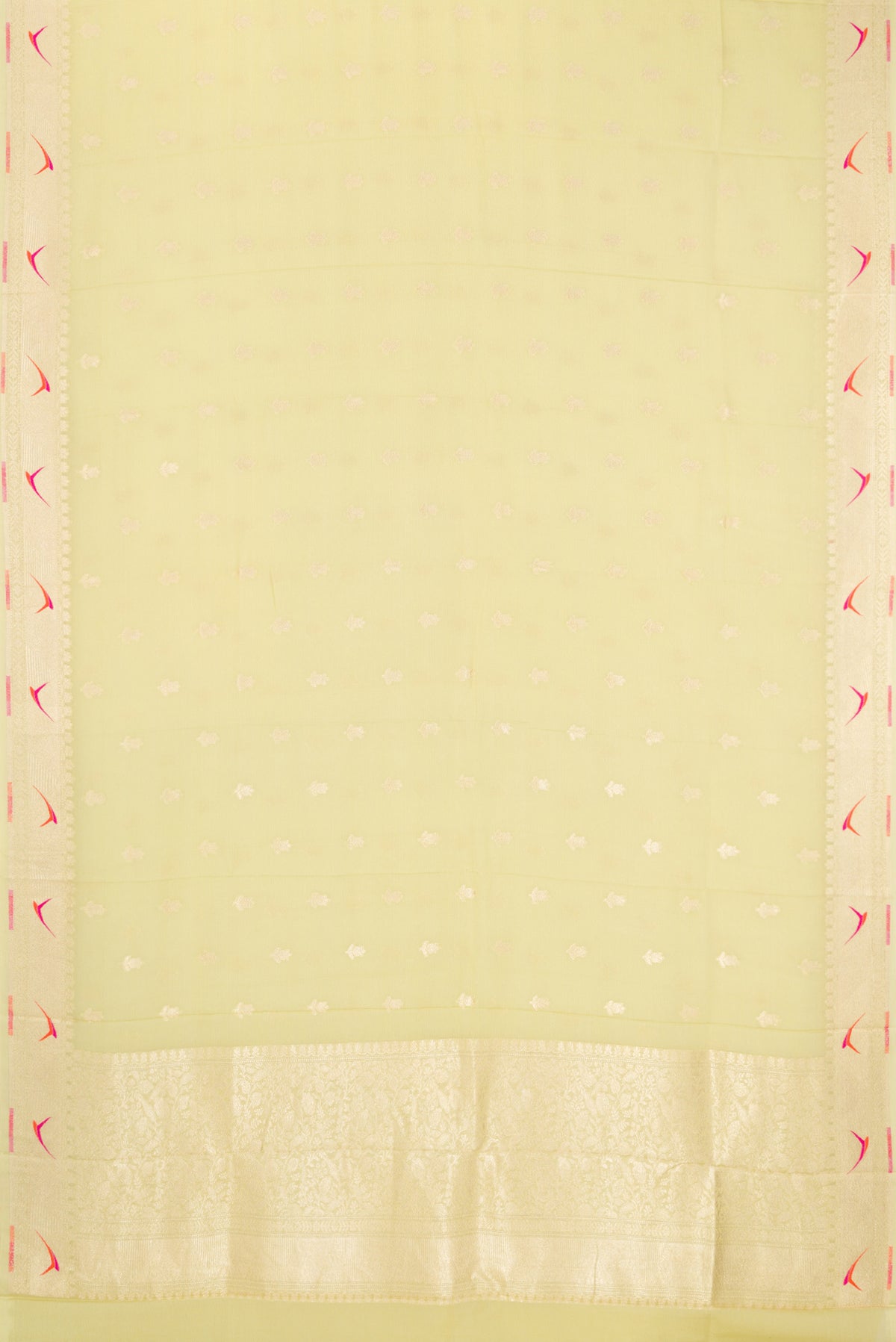 Flat view of Pista Green Banarasi Georgette Saree with Zari Butta on the body and Fancy Border. 