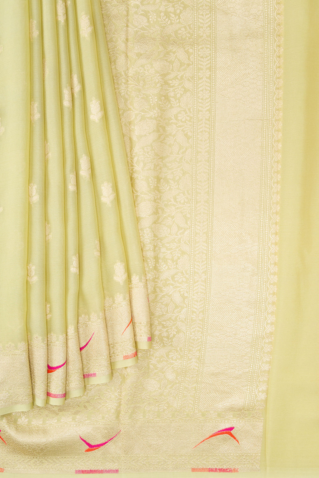 Pleats and pallu of Pista Green Banarasi Georgette Saree with Zari Butta on the body and Fancy Border. 