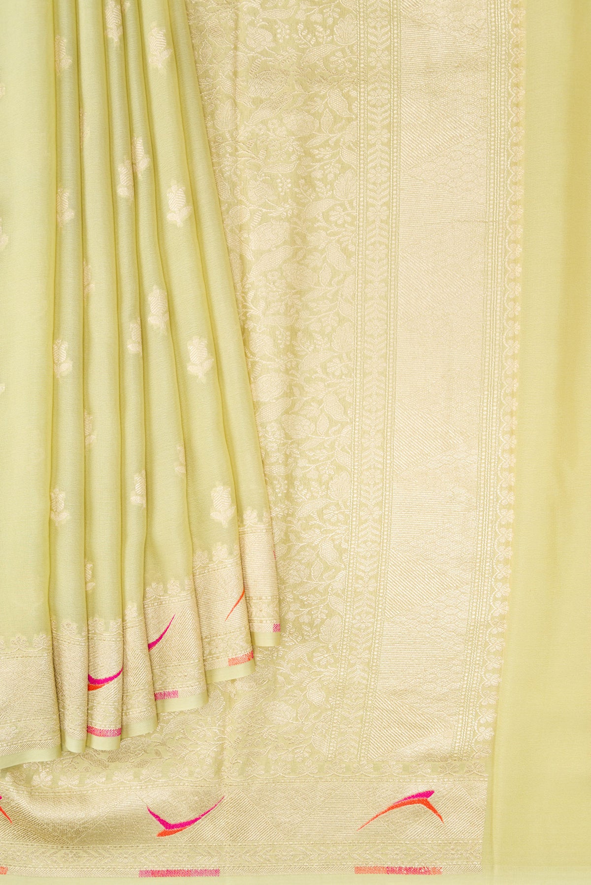 Pleats and pallu of Pista Green Banarasi Georgette Saree with Zari Butta on the body and Fancy Border. 