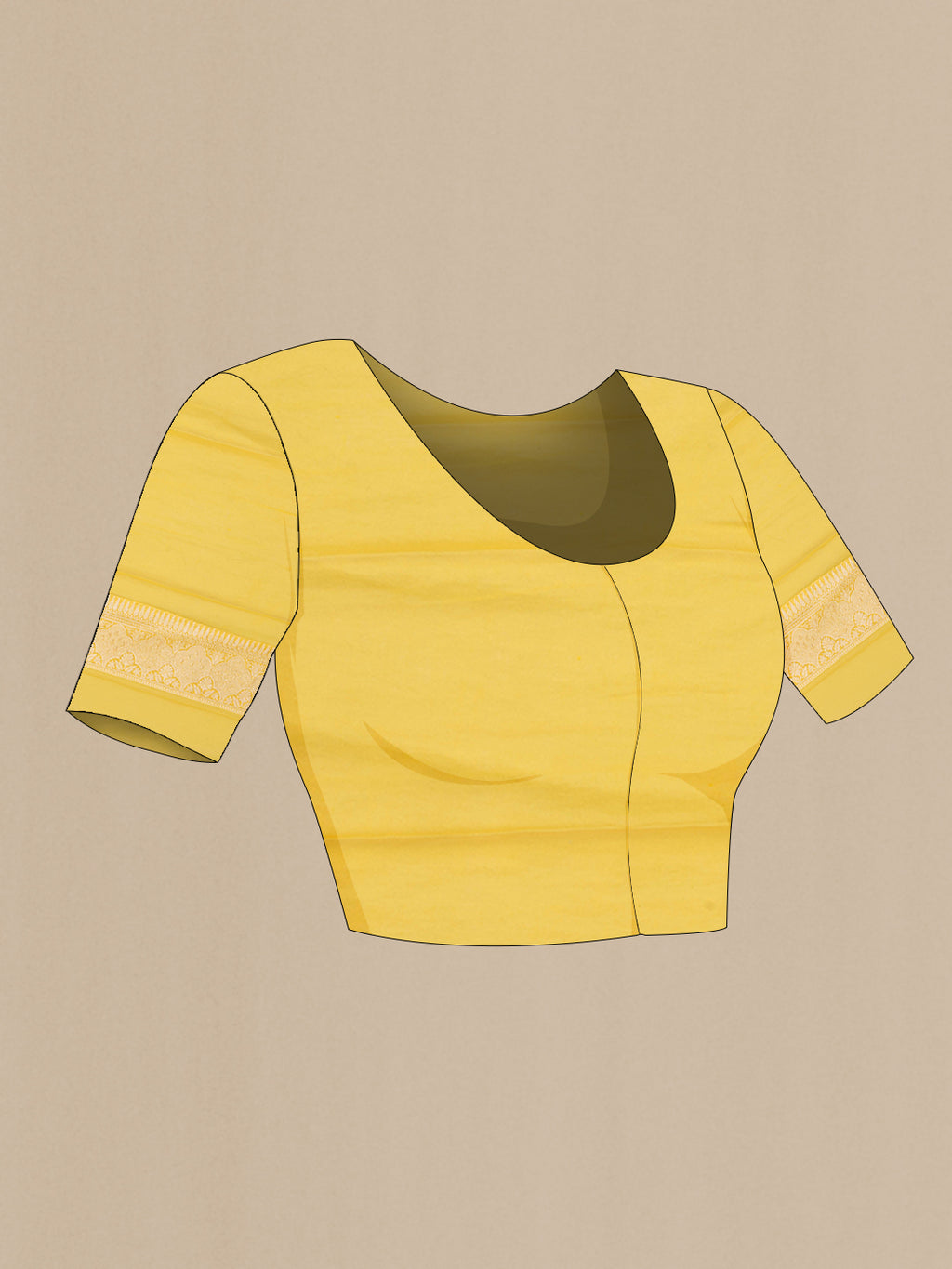Close up image of the blouse of Yellow Banarasi Georgette Saree with Zari Brocade on the body and Zari Border. 