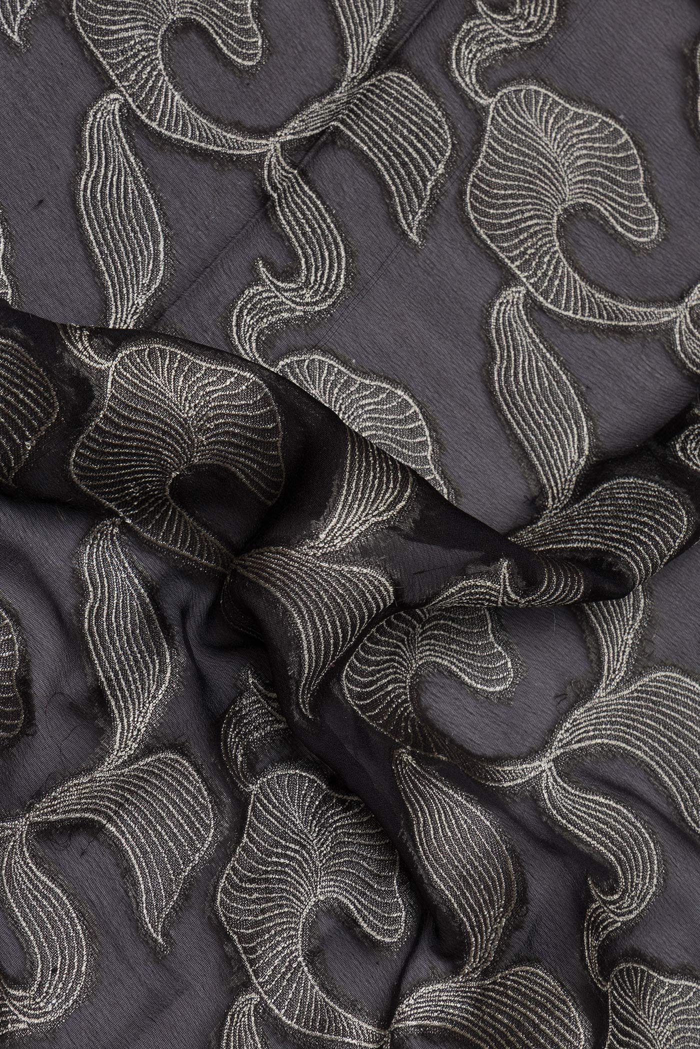Close up of Black Banarasi Georgette Saree with Zari Brocade on the body and Zari Border.  displaying folds