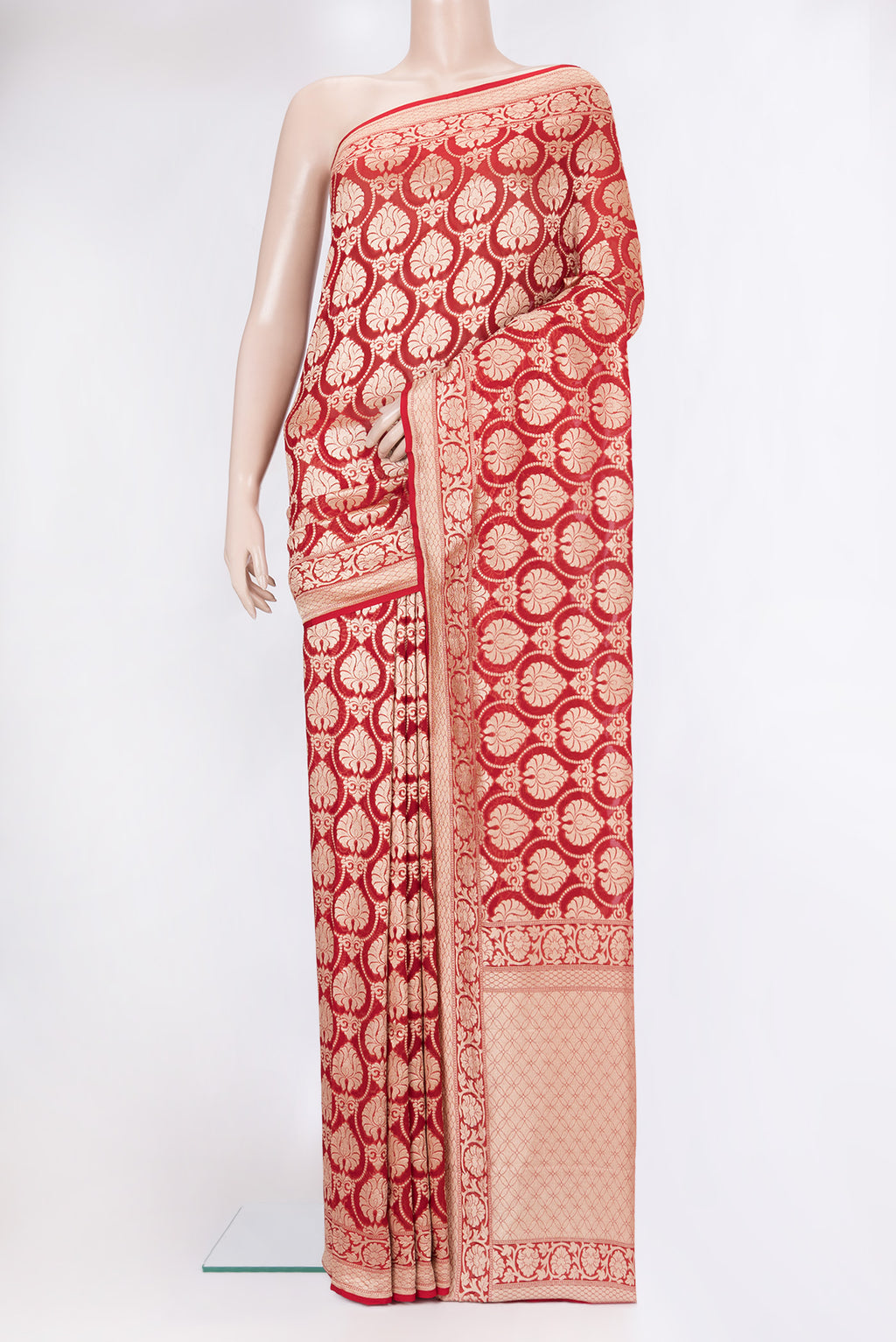 Red Banarasi Georgette Saree with Zari Brocade on the body and Zari Border.  displayed on a mannequin