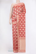 Red Banarasi Georgette Saree with Zari Brocade on the body and Zari Border.  displayed on a mannequin