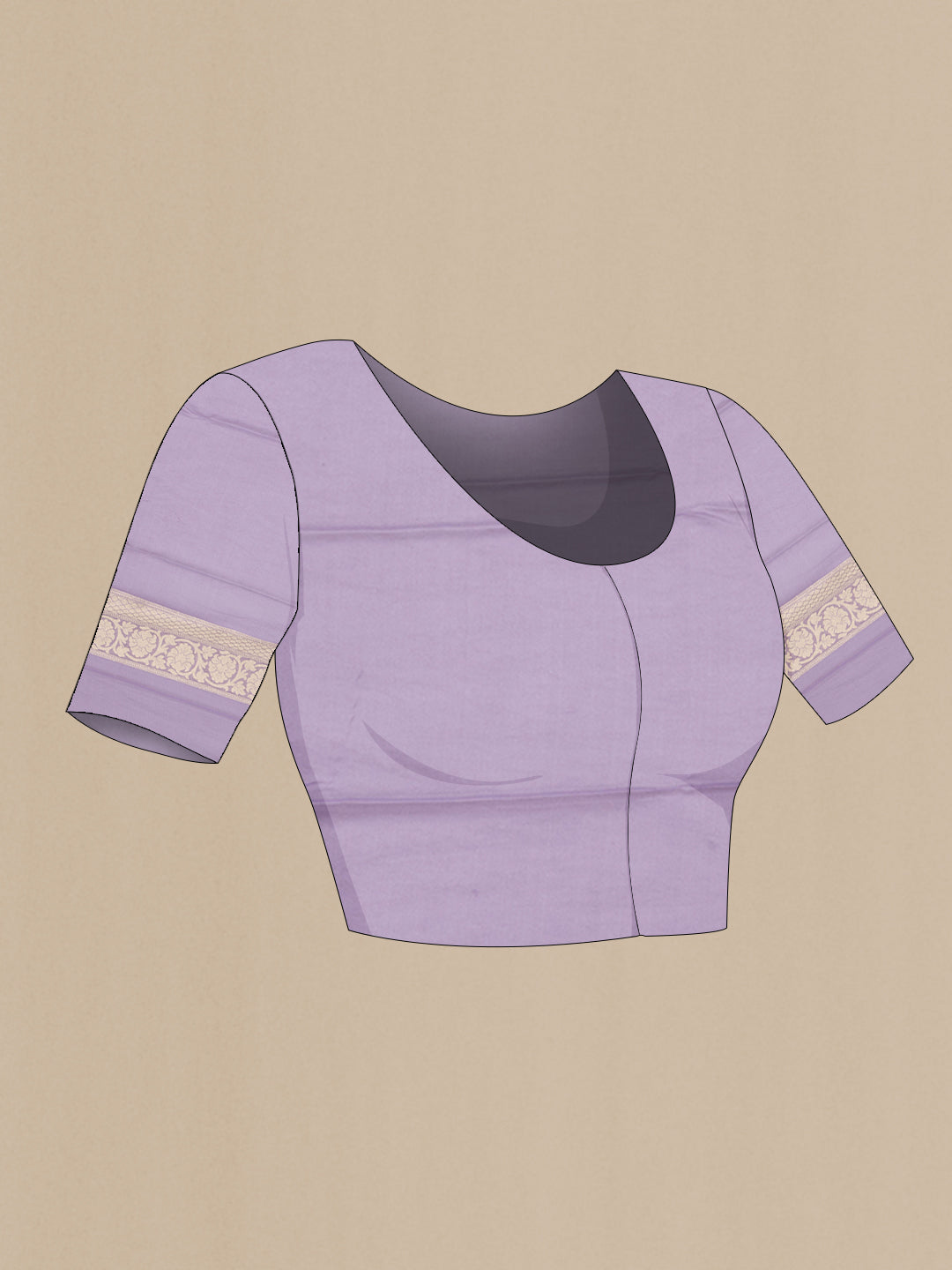 Close up image of the blouse of Lavender Banarasi Georgette Saree with Zari Brocade on the body and Zari Border. 