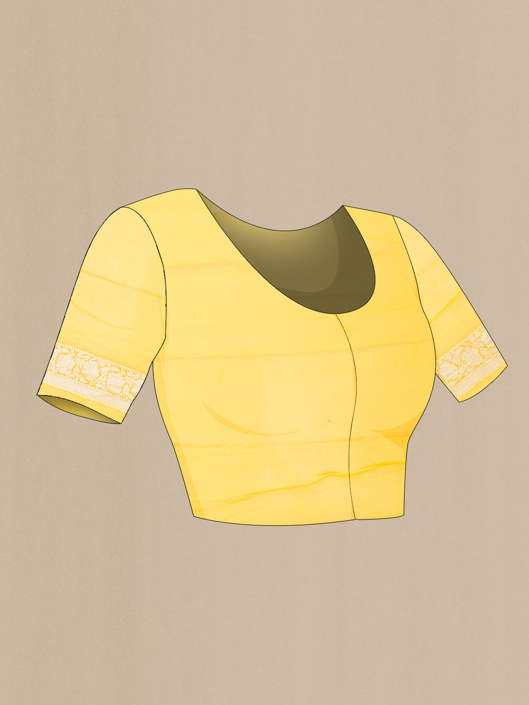 Close up image of the blouse of Yellow Banarasi Georgette Saree with Zari Butta on the body and Zari Border. 