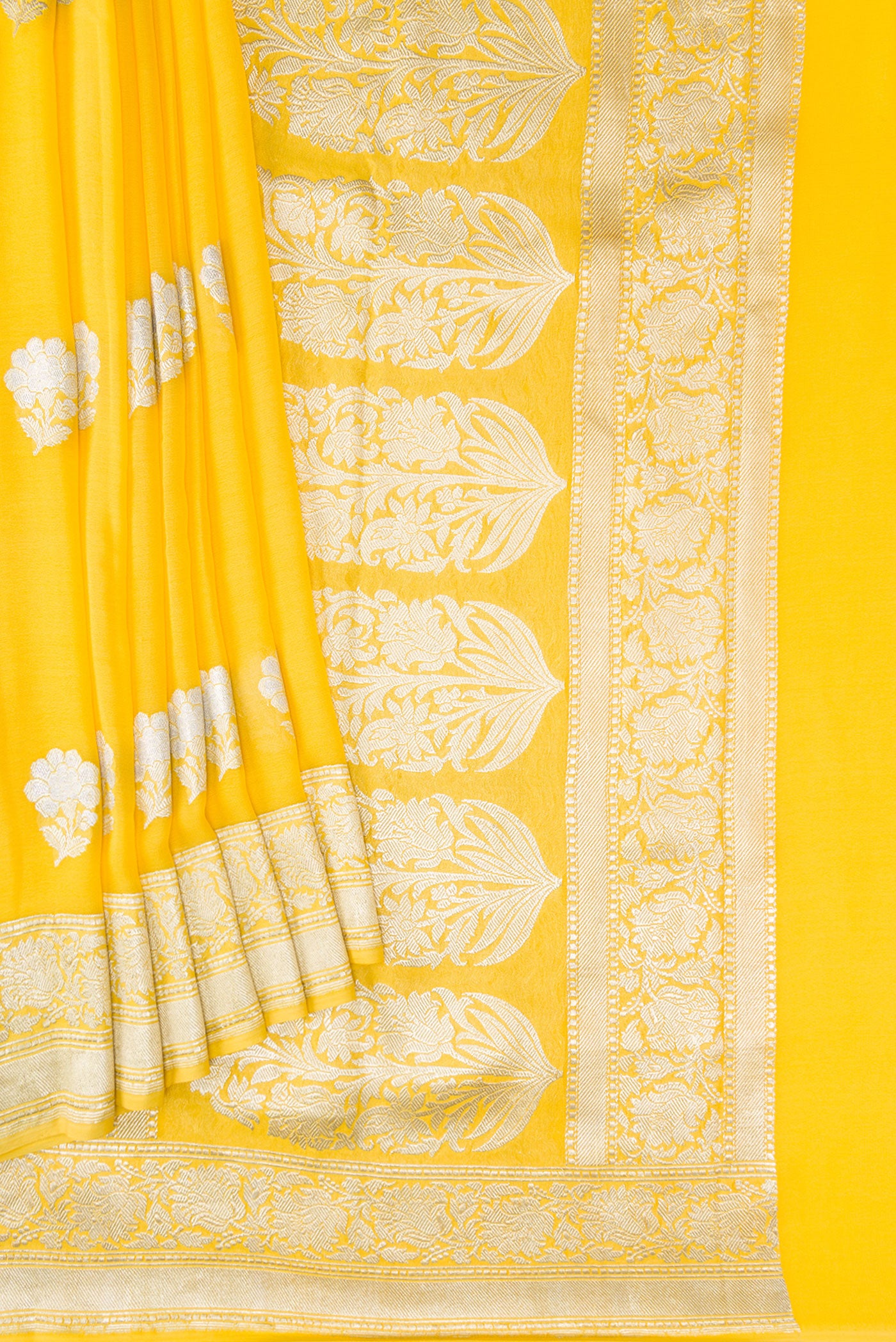 Pleats and pallu of Yellow Banarasi Georgette Saree with Zari Butta on the body and Zari Border. 