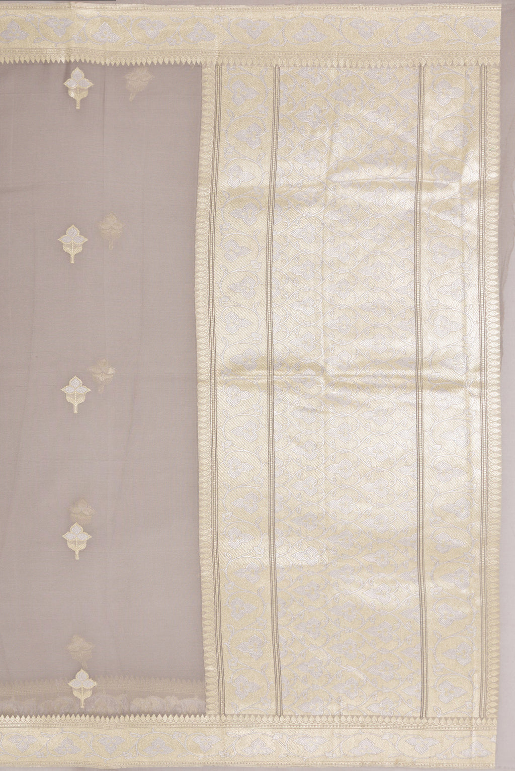 Close up image of the pallu of Grey Banarasi Georgette Saree with Zari Butta on the body and Zari Border. 