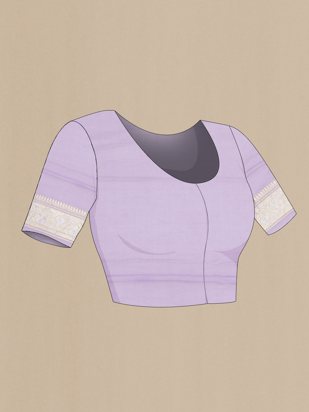 Close up image of the blouse of Lavender Banarasi Georgette Saree with Zari Butta on the body and Fancy Border. 