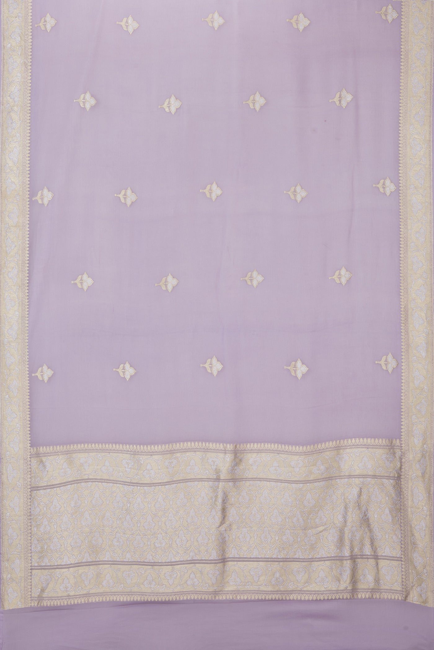 Flat view of Lavender Banarasi Georgette Saree with Zari Butta on the body and Fancy Border. 
