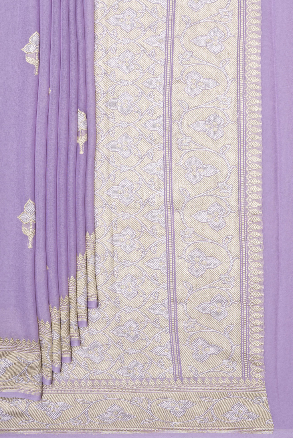 Pleats and pallu of Lavender Banarasi Georgette Saree with Zari Butta on the body and Fancy Border. 