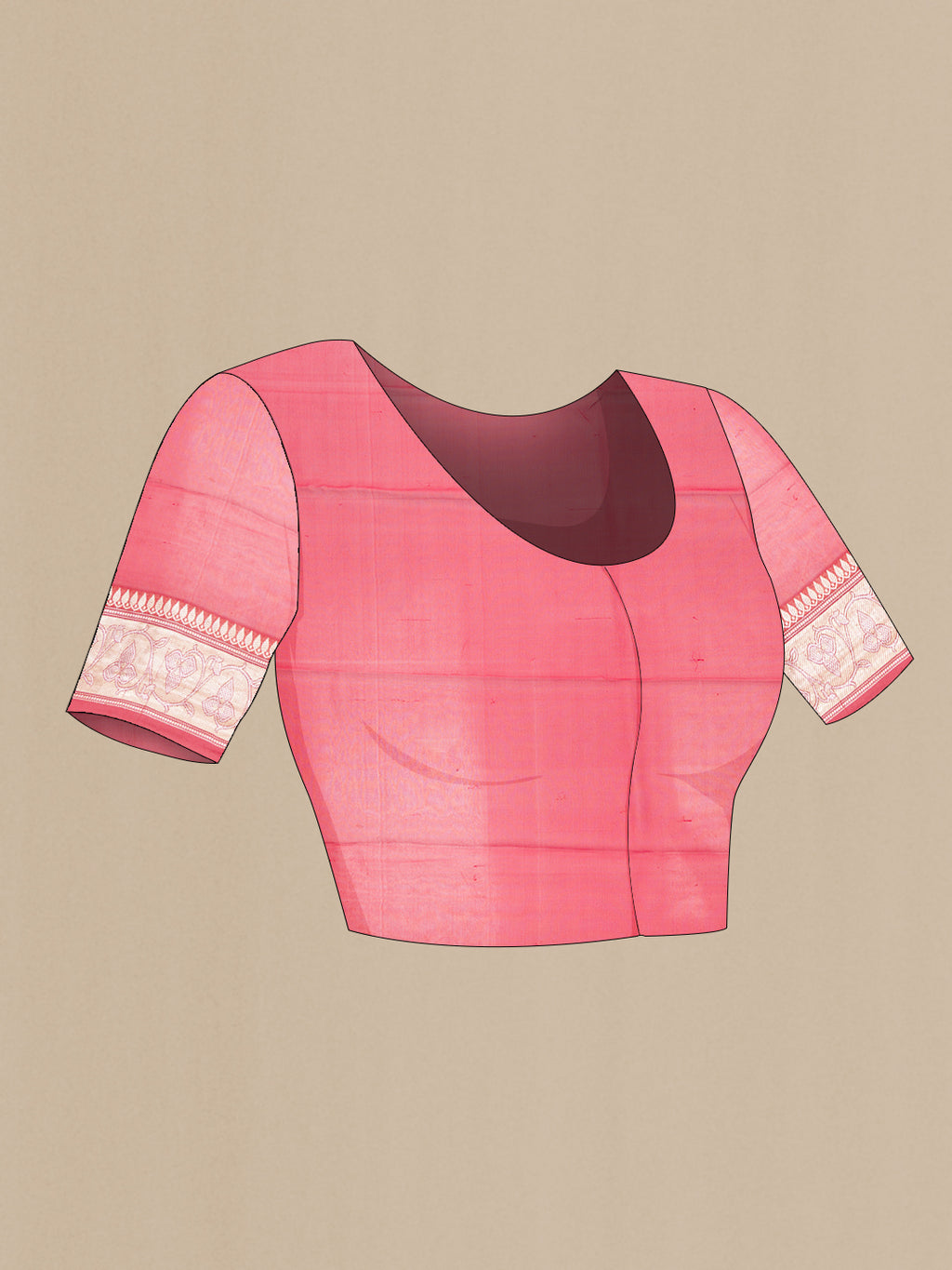 Close up image of the blouse of Red Banarasi Georgette Saree with Zari Butta on the body and Zari Border. 