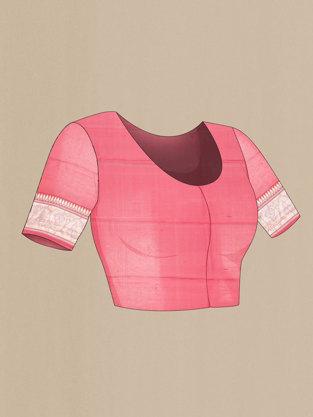 Close up image of the blouse of Red Banarasi Georgette Saree with Zari Butta on the body and Zari Border. 