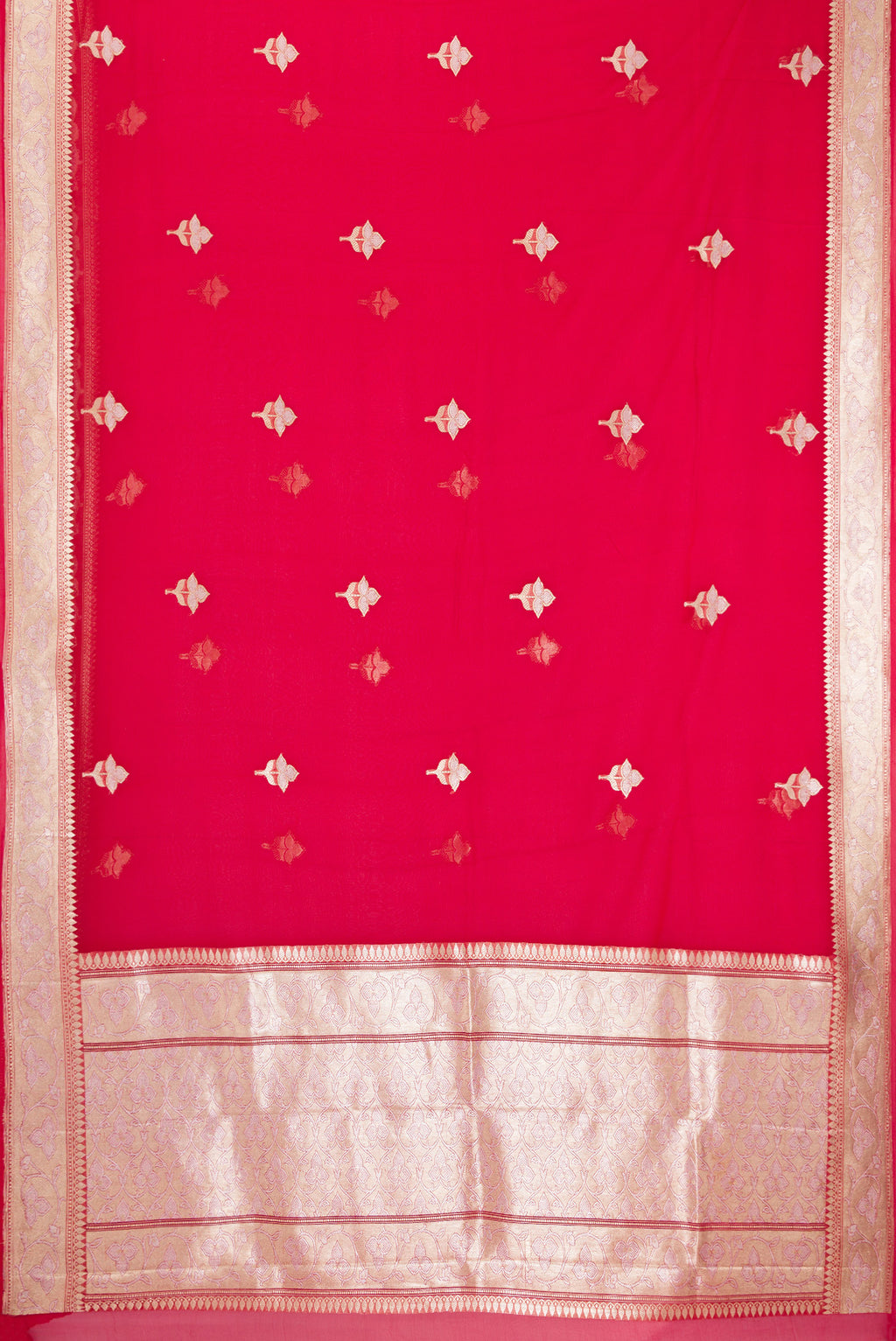 Flat view of Red Banarasi Georgette Saree with Zari Butta on the body and Zari Border. 