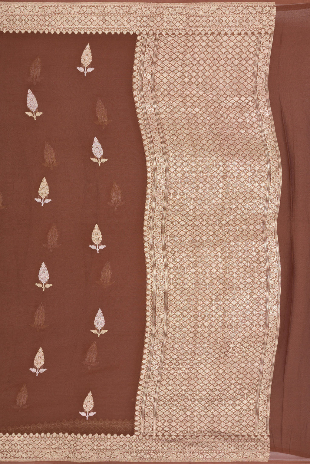 Close up image of the pallu of Brown Banarasi Georgette Saree with Zari Butta on the body and Fancy Border. 