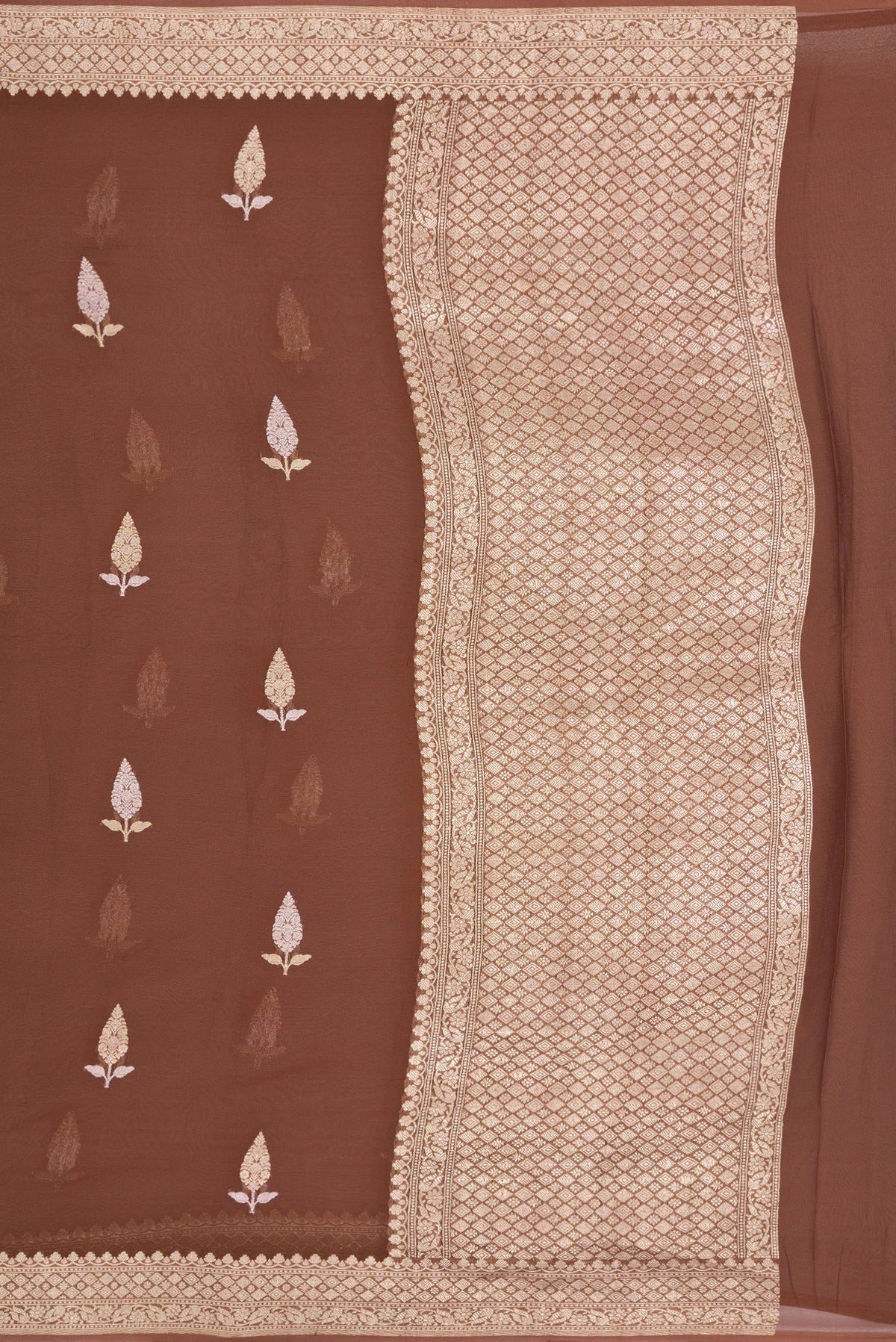 Close up image of the pallu of Brown Banarasi Georgette Saree with Zari Butta on the body and Fancy Border. 