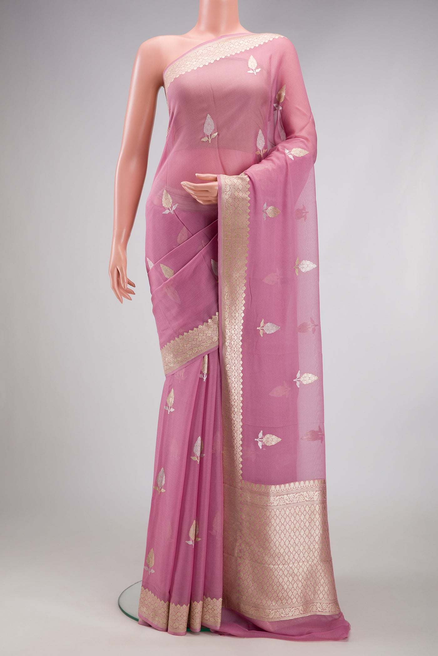 Pink Dual Tone Banarasi Georgette Saree with Embroidery on the body and Embroidery Border.  displayed on a mannequin