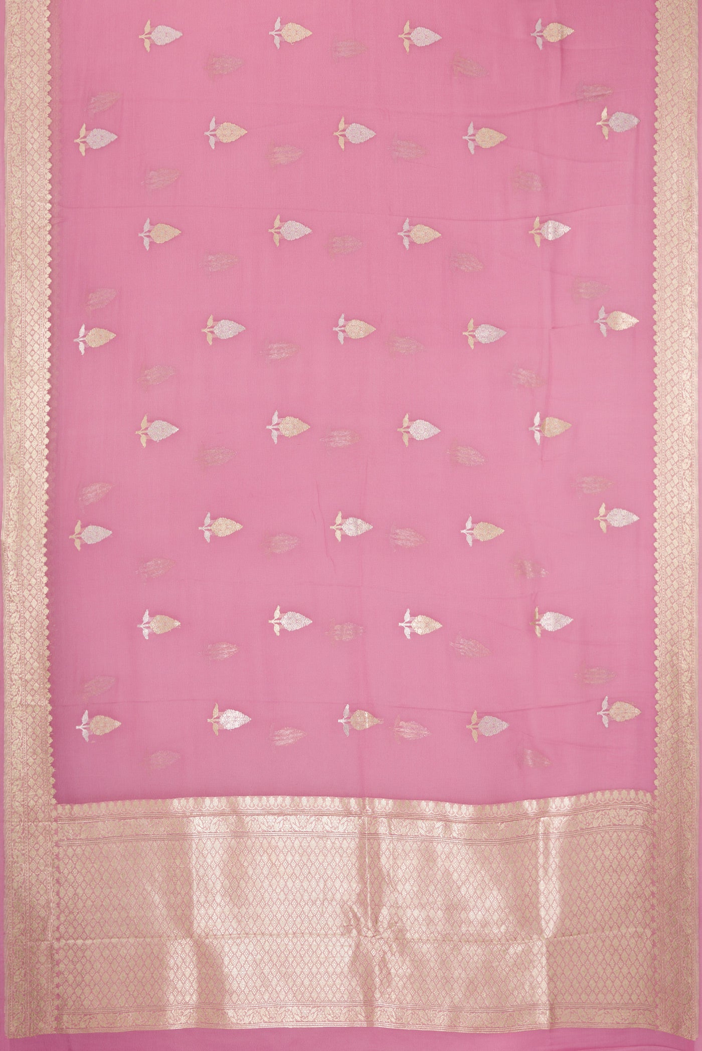 Flat view of Pink Dual Tone Banarasi Georgette Saree with Embroidery on the body and Embroidery Border. 